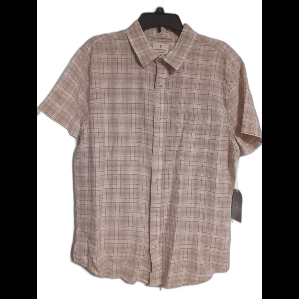 NWT Men's Mutual Weave Linen Blend Ivory Melon Plaid Shirt Size L